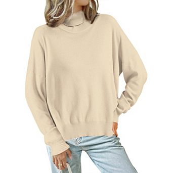 Women's High Neck Sweater Pullover Drop Shoulder Long Sleeve Side Slit Knitted Tops