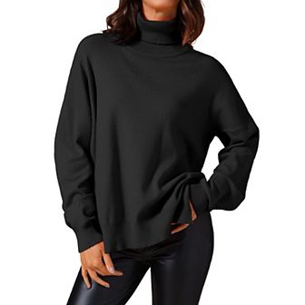 Women's High Neck Sweater Pullover Drop Shoulder Long Sleeve Side Slit Knitted Tops
