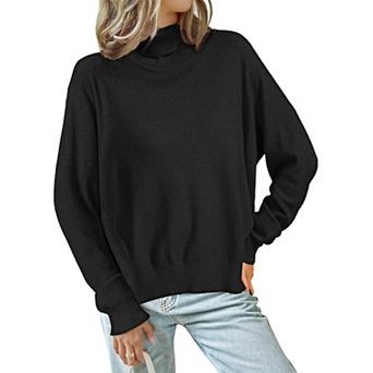 Women's High Neck Sweater Pullover Drop Shoulder Long Sleeve Side Slit Knitted Tops
