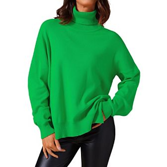 Women's High Neck Sweater Pullover Drop Shoulder Long Sleeve Side Slit Knitted Tops