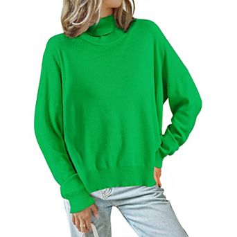 Women's High Neck Sweater Pullover Drop Shoulder Long Sleeve Side Slit Knitted Tops