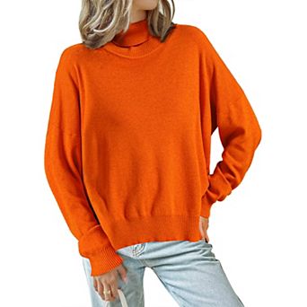 Women's High Neck Sweater Pullover Drop Shoulder Long Sleeve Side Slit Knitted Tops
