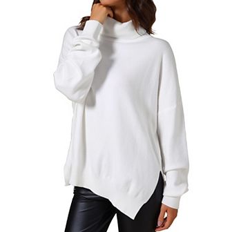 Women's High Neck Sweater Pullover Drop Shoulder Long Sleeve Side Slit Knitted Tops