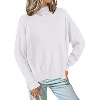 Women's High Neck Sweater Pullover Drop Shoulder Long Sleeve Side Slit Knitted Tops