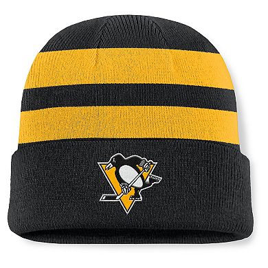 Men's Fanatics Black/Gold Pittsburgh Penguins Fundamental Swipe Stripe Cuffed Knit Hat