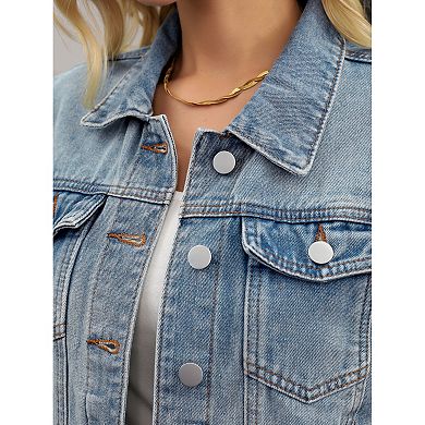Women's Jean Jackets Button Down 3/4 Puff Sleeve Washed Cropped Denim Jacket
