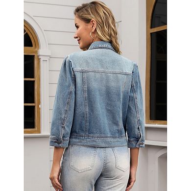 Women's Jean Jackets Button Down 3/4 Puff Sleeve Washed Cropped Denim Jacket