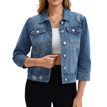 Women's Jean Jackets Button Down 3/4 Puff Sleeve Washed Cropped Denim Jacket