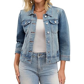 Women's Jean Jackets Button Down 3/4 Puff Sleeve Washed Cropped Denim Jacket