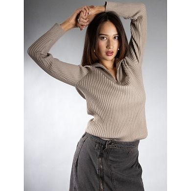Jess by Meiko Women's Rib Knit Quarter Zip Sweater