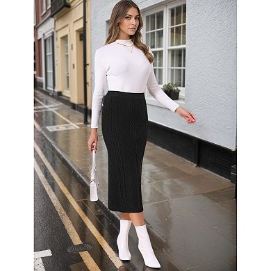 Women's Ribbed Knit Midi Skirts Elastic High Waist Stretchy Pencil Casual Sweater Skirt