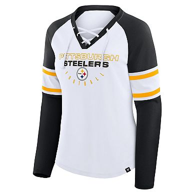 Women's Fanatics White/Black Pittsburgh Steelers Redzone Blitz Package Raglan Lace-Up V-Neck Long Sleeve T-Shirt