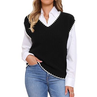 Sweater Vest for Women's V Neck School Uniform Contrast Color Sleeveless Knit Pullover Tops