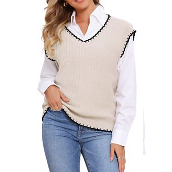 Sweater Vest for Women's V Neck School Uniform Contrast Color Sleeveless Knit Pullover Tops