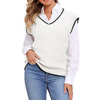 Sweater Vest for Women's V Neck School Uniform Contrast Color Sleeveless Knit Pullover Tops