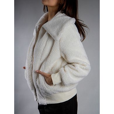 Jess by Meiko Women's Oversized Collar Plush Bomber Jacket