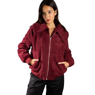 Jess by Meiko Women's Oversized Collar Plush Bomber Jacket