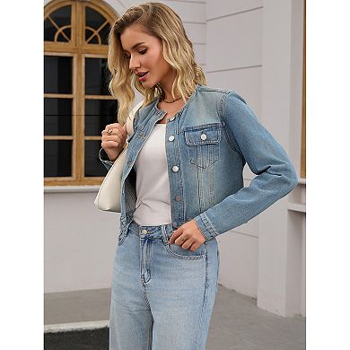 Women's Denim Jacket Collarless Button Down Long Sleeve Casual