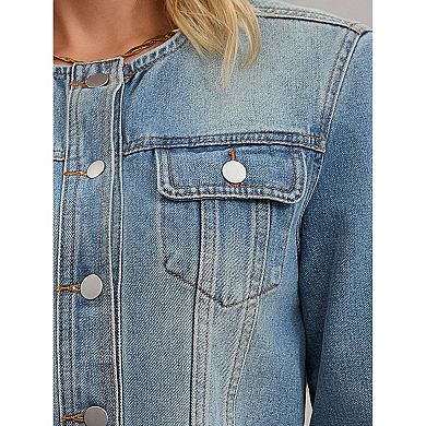 Women's Denim Jacket Collarless Button Down Long Sleeve Casual