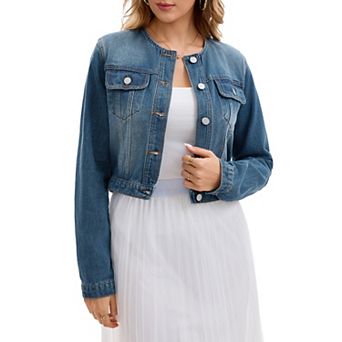 Women's Denim Jacket Collarless Button Down Long Sleeve Casual