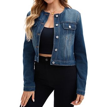 Women's Denim Jacket Collarless Button Down Long Sleeve Casual