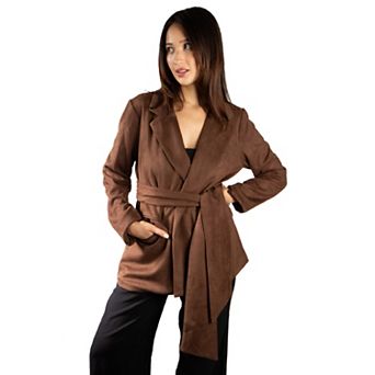 Jess by Meiko Women's Faux Suede Notched Lapel Wrap Belt Blazer