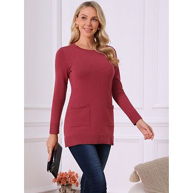 Women's Long Sleeve Sweaters Tunic Tops Loose Fit Casual Long Knit Shirt with Pockets