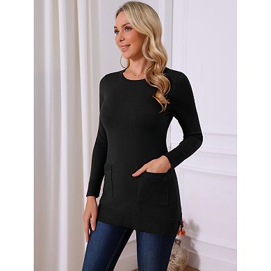 Women's Long Sleeve Sweaters Tunic Tops Loose Fit Casual Long Knit Shirt with Pockets