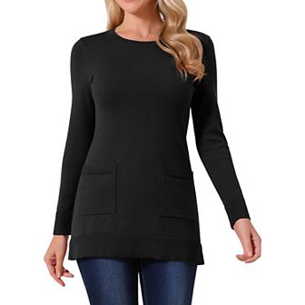 Women's Long Sleeve Sweaters Tunic Tops Loose Fit Casual Long Knit Shirt with Pockets
