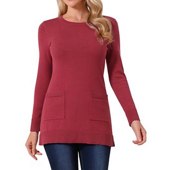 Women's Long Sleeve Sweaters Tunic Tops Loose Fit Casual Long Knit Shirt with Pockets