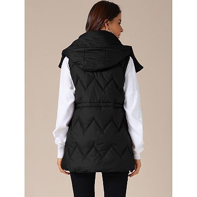Women's Winter Vest Coat Hooded Zip Up Mid Long Sleeveless Quilted Padded Jacket