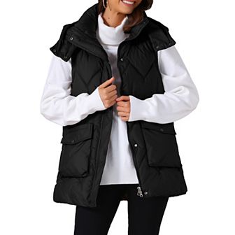 Women's Winter Vest Coat Hooded Zip Up Mid Long Sleeveless Quilted Padded Jacket