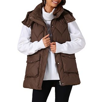 Women's Winter Vest Coat Hooded Zip Up Mid Long Sleeveless Quilted Padded Jacket