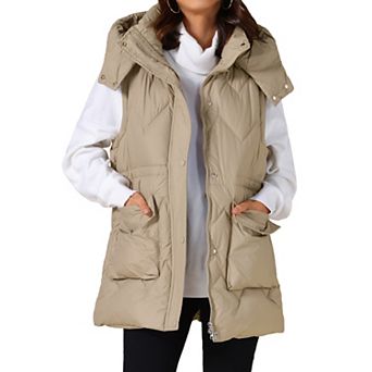 Women's Winter Vest Coat Hooded Zip Up Mid Long Sleeveless Quilted Padded Jacket