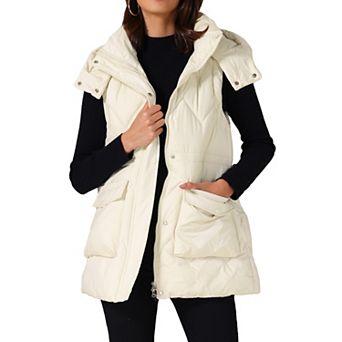 Women's Winter Vest Coat Hooded Zip Up Mid Long Sleeveless Quilted Padded Jacket