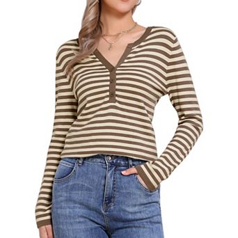 Long Sleeve Tops for Women's Stripe V Neck Casual Basic Knitted Shirts