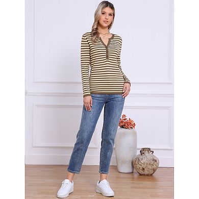 Long Sleeve Tops for Women's Stripe V Neck Casual Basic Knitted Shirts