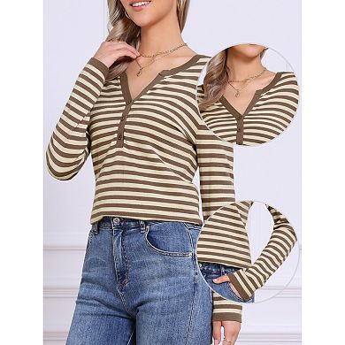 Long Sleeve Tops for Women's Stripe V Neck Casual Basic Knitted Shirts