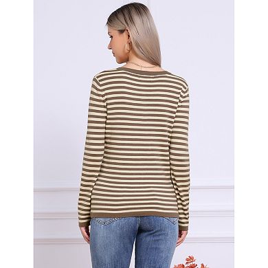 Long Sleeve Tops for Women's Stripe V Neck Casual Basic Knitted Shirts