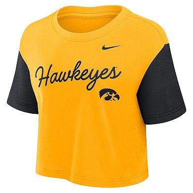 Women's Nike Gold/Black Iowa Hawkeyes Color-Block Script Performance Cropped T-Shirt