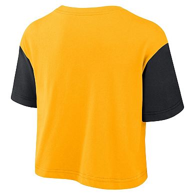 Women's Nike Gold/Black Iowa Hawkeyes Color-Block Script Performance Cropped T-Shirt