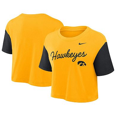 Women's Nike Gold/Black Iowa Hawkeyes Color-Block Script Performance Cropped T-Shirt