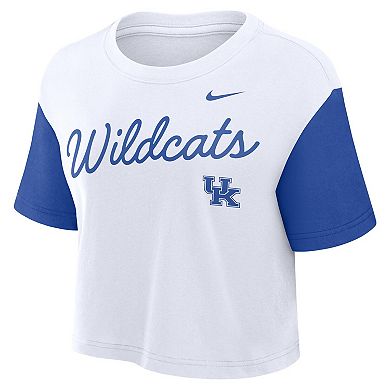 Women's Nike White/Royal Kentucky Wildcats Color-Block Script Performance Cropped T-Shirt