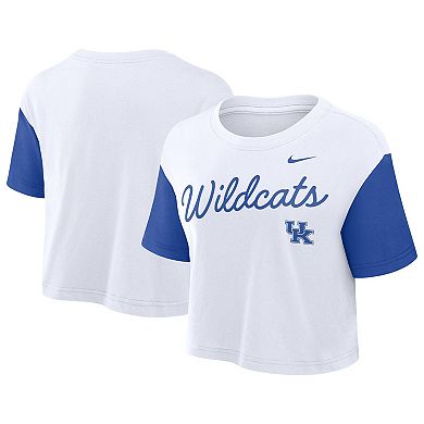 Women's Nike White/Royal Kentucky Wildcats Color-Block Script Performance Cropped T-Shirt
