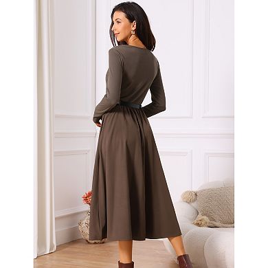 Women's Casual Midi Dress Crewneck Long Sleeve Flowy Fall Dresses with Belt Dating Work Outfits