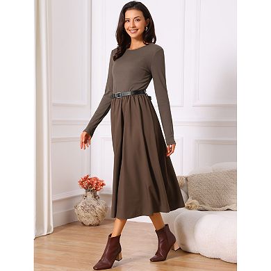 Women's Casual Midi Dress Crewneck Long Sleeve Flowy Fall Dresses with Belt Dating Work Outfits