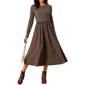 Women's Casual Midi Dress Crewneck Long Sleeve Flowy Fall Dresses with Belt Dating Work Outfits