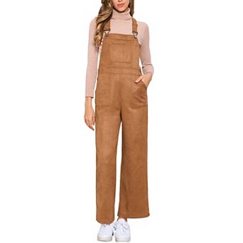 Faux Suede Overalls for Women's Wide Leg High Waist Adjustable Straps Casual Jumpsuit