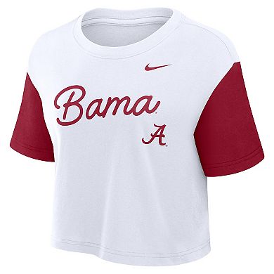 Women's Nike White/Crimson Alabama Crimson Tide Color-Block Script Dri-FIT Cropped T-Shirt