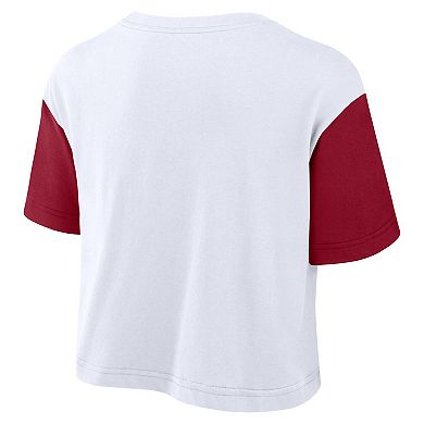 Women's Nike White/Crimson Alabama Crimson Tide Color-Block Script Dri-FIT Cropped T-Shirt